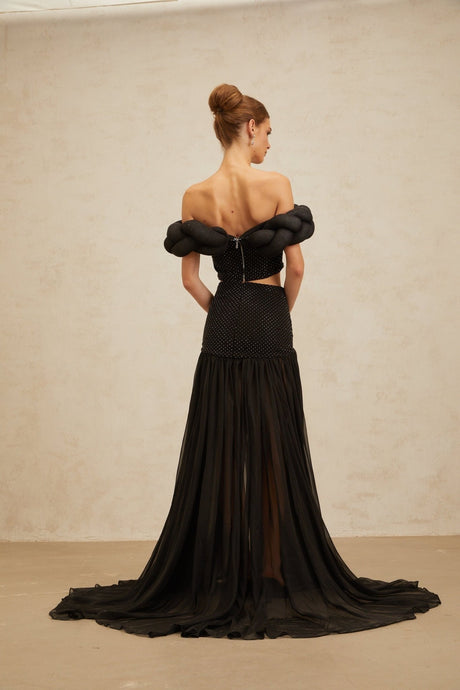 Simonetta Maxi Skirt - High Rise - Rhinestone Embellishment - Tulle Paneling - Shirred Effect - Train Design