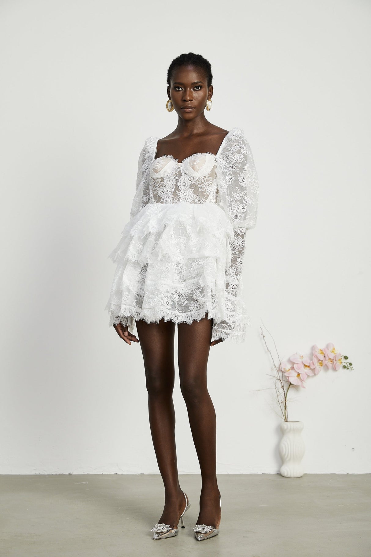 Simonetta Mini Dress Simonetta Lace Trim Puff Sleeve White Flounce