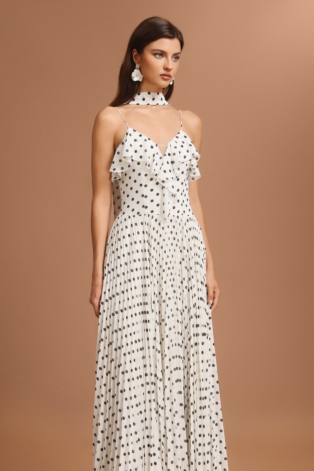 Simonetta White Polka Dot Halter Dress with Ruffled Detailing and Pleated Skirt for Formal Occasions or Summer Garden Parties