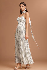 Simonetta White Polka Dot Halter Neck Dress with Ruffled Detailing and Pleated Skirt