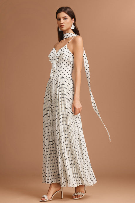 Simonetta White Polka Dot Halter Neck Dress with Ruffled Detailing and Pleated Skirt