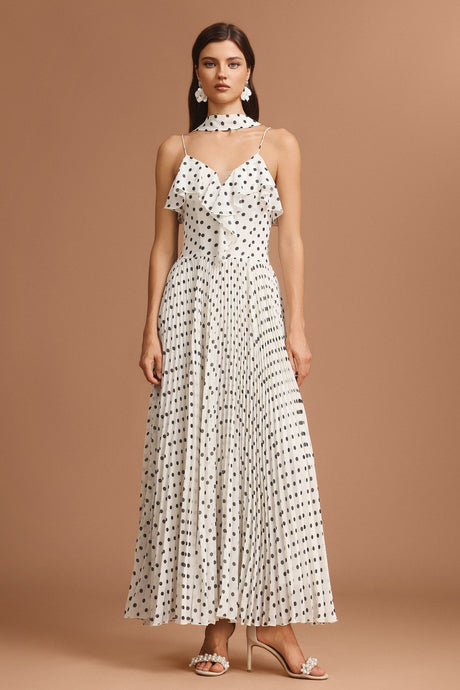 Simonetta White Polka Dot Halter Neck Ruffle Detail Pleated Dress