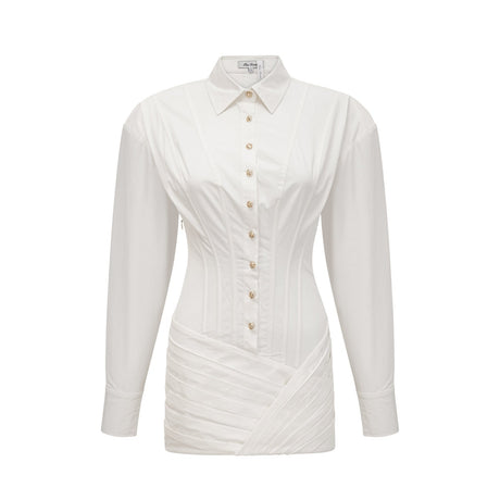 Simple white pleated mini shirt dress with fitted waist by Orlane