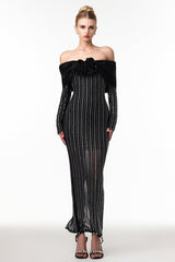 Skye Black Off-Shoulder Maxi Dress with Crystal Embellishments and Floral Mesh Design