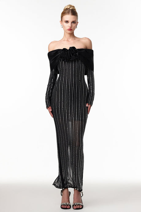 Skye Black Off-Shoulder Maxi Dress with Crystal Embellishments and Floral Mesh Design