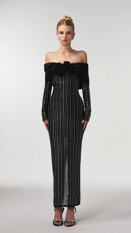 Skye Black Off-Shoulder Maxi Dress with Crystal Embellishments and Floral Mesh Design