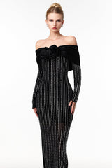 Skye Black Off-Shoulder Maxi Dress with Crystal Embellishments and Floral Mesh Design
