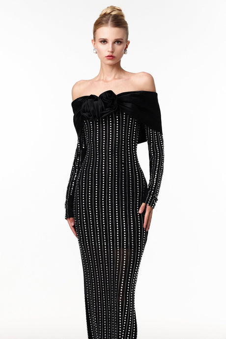 Skye Black Off-Shoulder Maxi Dress with Crystal Embellishments and Floral Mesh Design