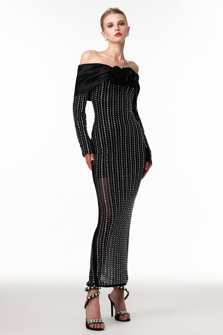 Skye Black Off-Shoulder Maxi Dress with Crystal Embellishments and Floral Mesh Design