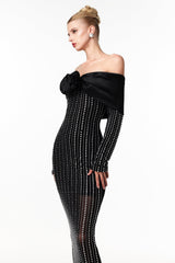 Skye Black Off-Shoulder Maxi Dress with Crystal Embellishments and Floral Mesh Design
