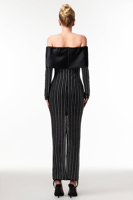 Skye Black Off-Shoulder Maxi Dress with Crystal Embellishments and Floral Mesh Design