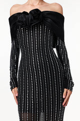 Skye Black Off-Shoulder Maxi Dress with Crystal Embellishments and Floral Mesh Design
