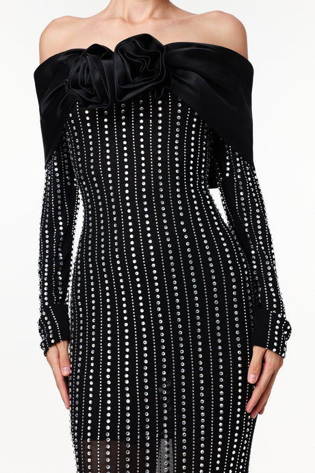 Skye Black Off-Shoulder Maxi Dress with Crystal Embellishments and Floral Mesh Design