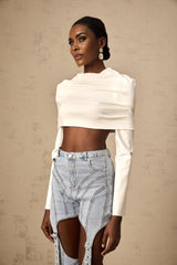 Skye Cropped Top White Ruched Off - shoulder Long Sleeves