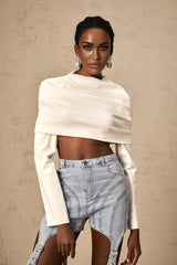 Skye Cropped Top White Ruched Off - shoulder Long Sleeves