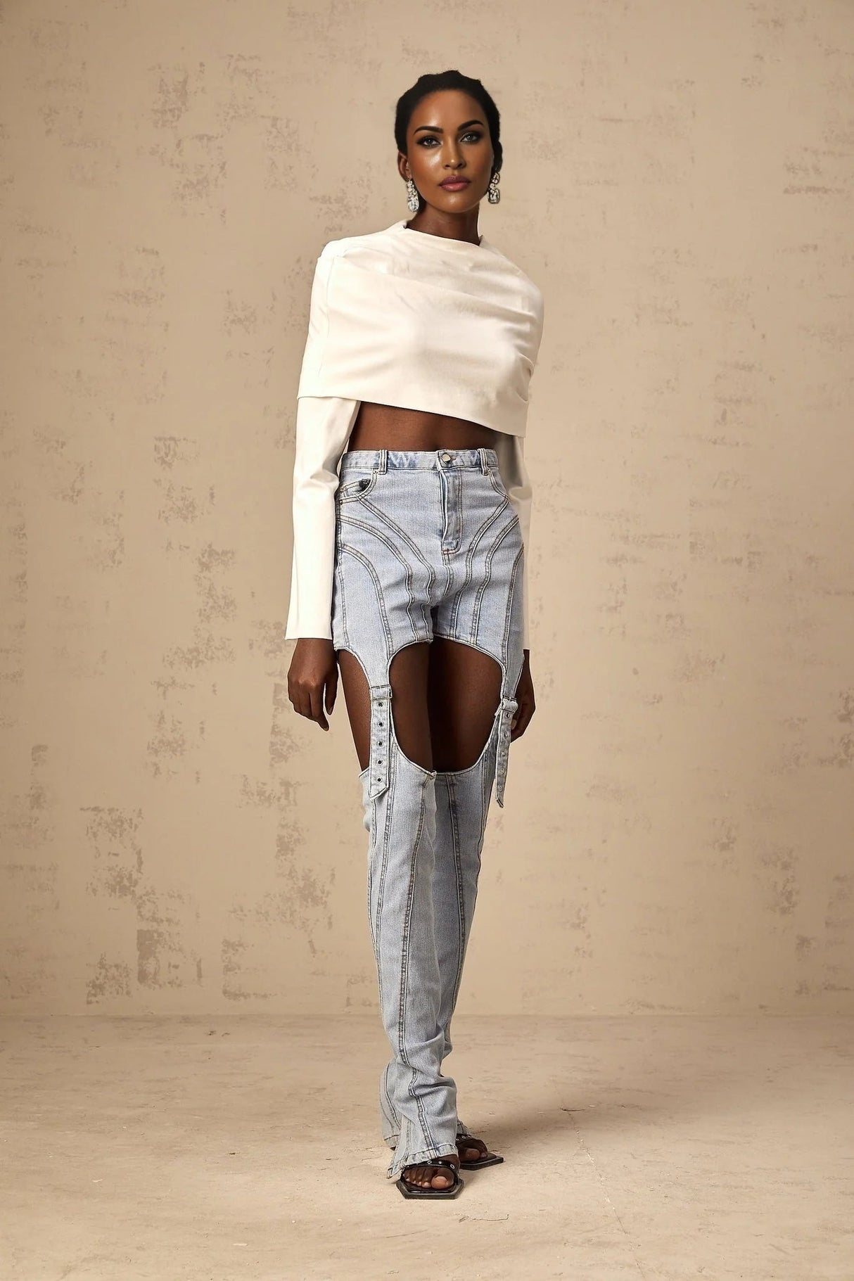 Skye Cropped Top White Ruched Off - shoulder Long Sleeves