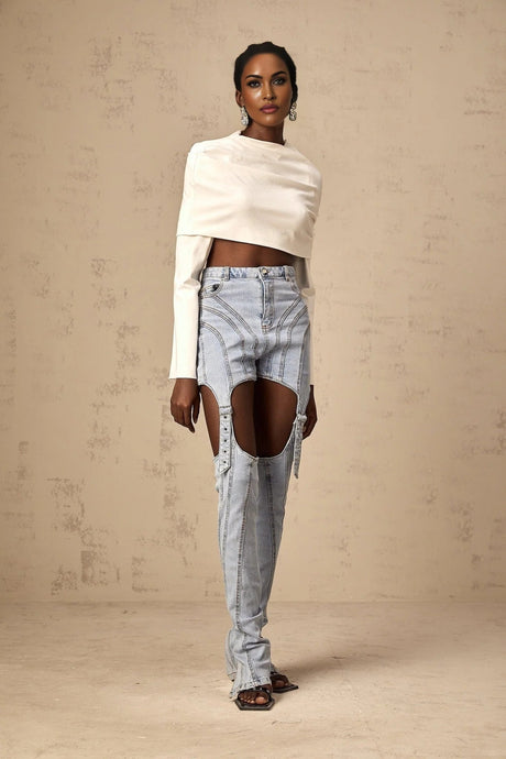 Skye Cropped Top White Ruched Off - shoulder Long Sleeves