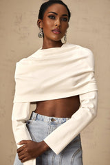 Skye Cropped Top White Ruched Off - shoulder Long Sleeves