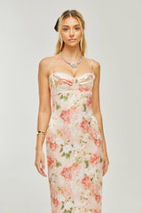 Skye Floral Maxi Dress in Pink Satin with Spaghetti Straps and Rear Slit