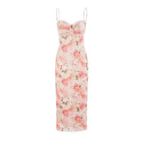 Skye Floral Maxi Dress in Pink Satin with Spaghetti Straps and Rear Slit