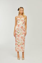 Skye Floral Maxi Dress in Pink Satin with Spaghetti Straps and Rear Slit
