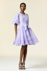 Skye Purple Dress with Puff Sleeves and Ruffled Flares