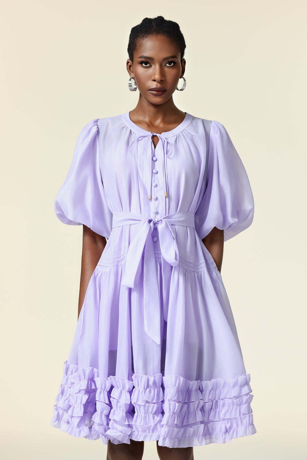 Skye Purple Elegant Puff Sleeve Dress with Ruffled Flares and Waist Tie
