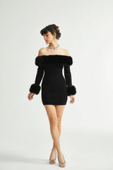 Skylar Dress Black Off - Shoulder Faux - Fur Mini