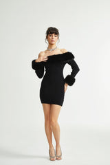 Skylar Dress Black Off - Shoulder Faux - Fur Mini