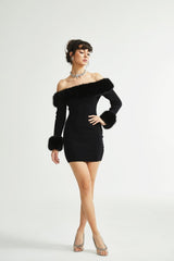 Skylar Dress Black Off - Shoulder Faux - Fur Mini