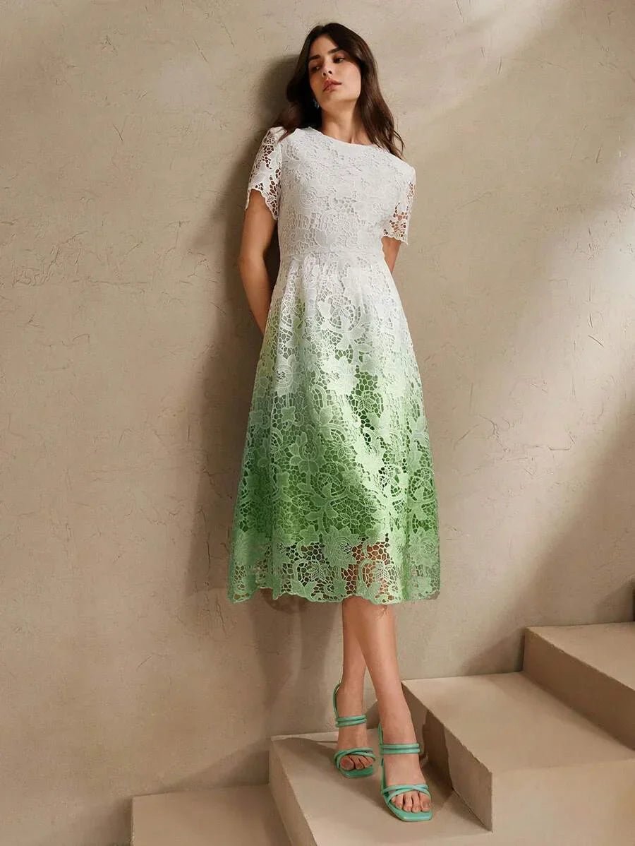 Skylar Midi Dress - Elegant Style - Puff Sleeve - High Waist - Contrast Lace - A Line