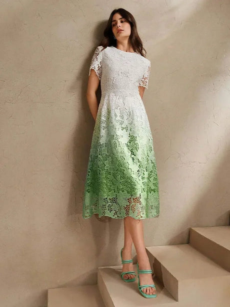 Skylar Midi Dress - Elegant Style - Puff Sleeve - High Waist - Contrast Lace - A Line