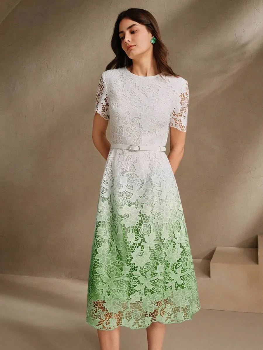 Skylar Midi Dress - Elegant Style - Puff Sleeve - High Waist - Contrast Lace - A Line