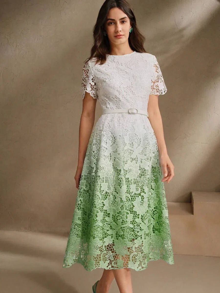 Skylar Midi Dress - Elegant Style - Puff Sleeve - High Waist - Contrast Lace - A Line