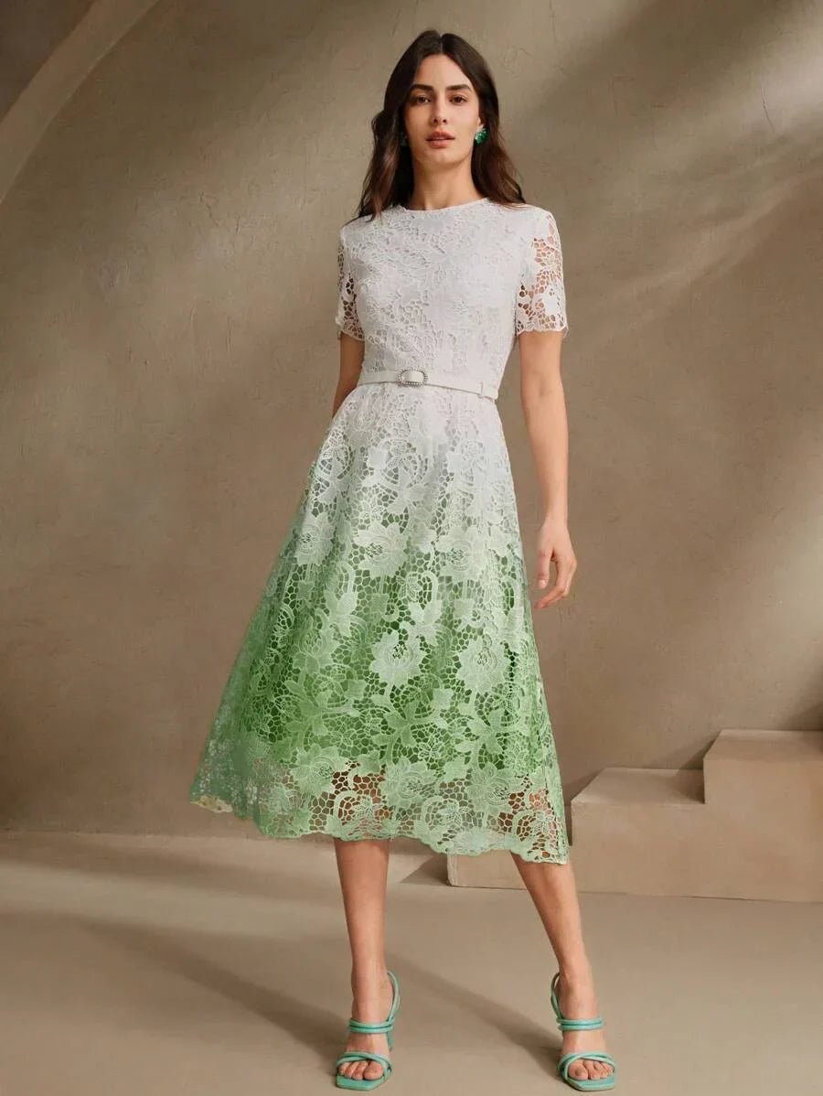 Skylar Midi Dress - Elegant Style - Puff Sleeve - High Waist - Contrast Lace - A Line