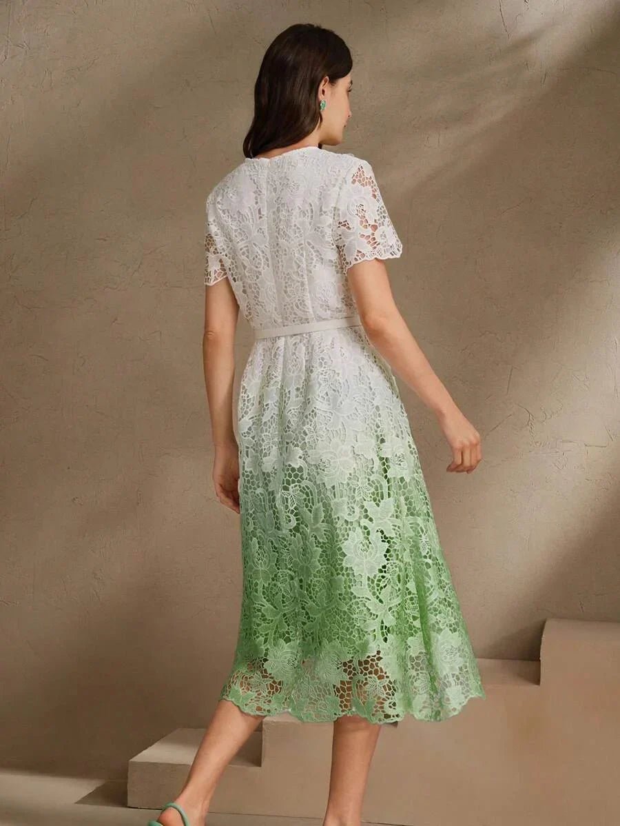 Skylar Midi Dress - Elegant Style - Puff Sleeve - High Waist - Contrast Lace - A Line