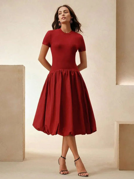 Skylar Midi Dress - Round Neck - Wedding - Regular Sleeve - High Waist - A Line
