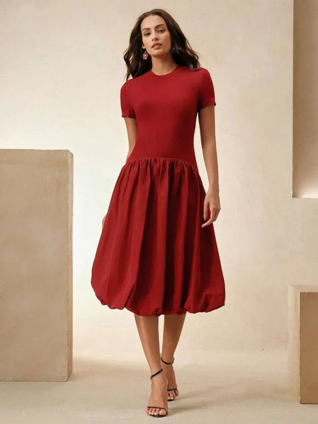 Skylar Midi Dress - Round Neck - Wedding - Regular Sleeve - High Waist - A Line