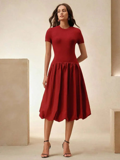 Skylar Midi Dress - Round Neck - Wedding - Regular Sleeve - High Waist - A Line