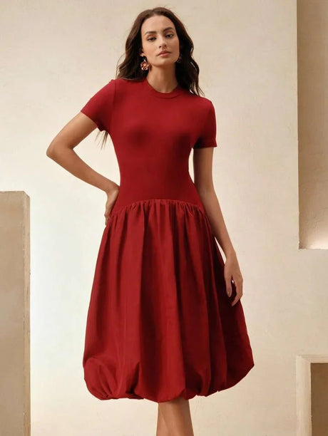 Skylar Midi Dress - Round Neck - Wedding - Regular Sleeve - High Waist - A Line