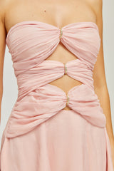 Skylar Mini Dress Pink Cut Out Off Shoulder Crystal Pleated