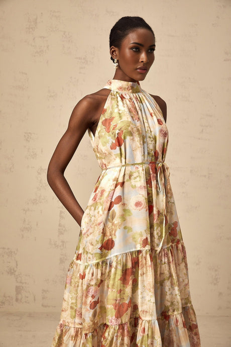 Sleeveless midi dress with neutral floral print pattern