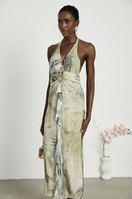 Sleeveless midlength dress with ombre print and neckholder neckline