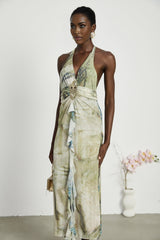 Sleeveless midlength dress with ombre print and neckholder neckline