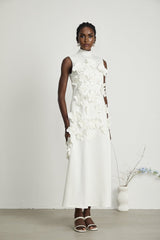 Sleeveless white maxi dress with bow and artificial flower decoration named Magali