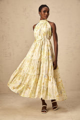Sleeveless yellow midi dress with floral print pattern named Ulani