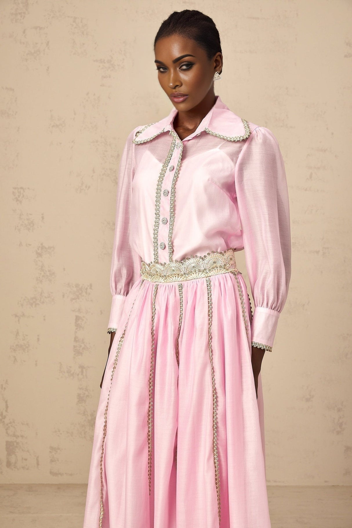 Sloan Blouse & Skirt Pink Lace Trim Matching Set