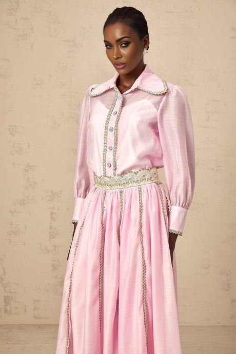 Sloan Blouse & Skirt Pink Lace Trim Matching Set