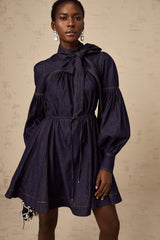 Sloan Denim Mini Dress with Contrast Stitch & Flare Trim