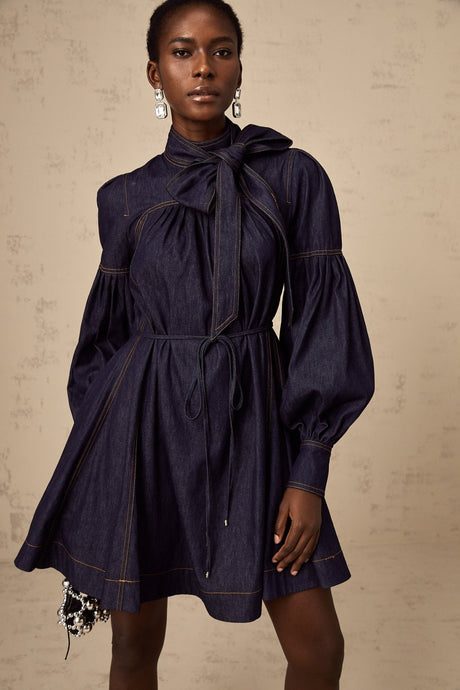 Sloan Denim Mini Dress with Contrast Stitch & Flare Trim